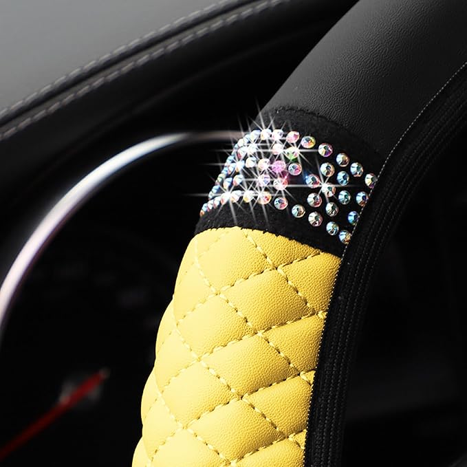 Bling Car Steering Wheel Cover, 15 Inch Rhinestones Soft Leather Elastic Steering Wheel Protector, Sparkly Crystal Diamond for Women Girls, Car Interior Accessories for Most Cars (Yellow)