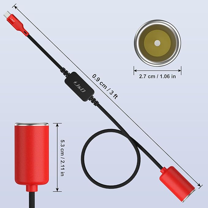 J&D USB C Male to 12V Car Cigarette Lighter Socket Female Converter Cable, 12V 18W Power Cable for Dash Cam, GPS, Car LED Light Strips, Red, 3 ft