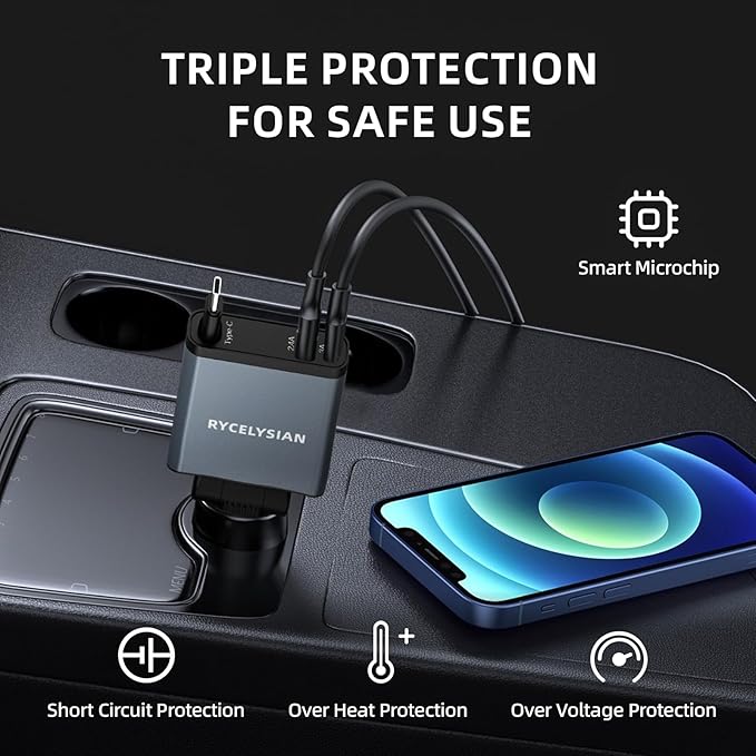 Retractable Car Charger Ultra-Slim, 65W Fast Car Charger with 31.5 inches and USB C+USB A Car Charging Block Cube Suitable for iPhone Samsung and Android