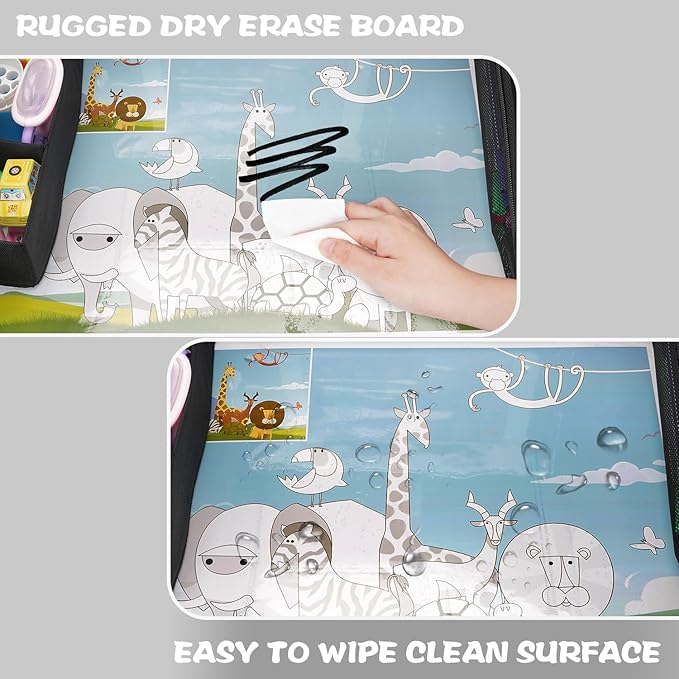 MENZOKE Kids Travel Tray, Road Trip Activities for Kids with Dry Erase Board & Cooler Cup Holder, Toddler Car Activities with No-Drop iPad Holder Stand, Roadtrip Essentials for Toddlers, Black
