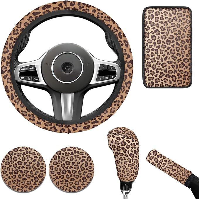 Leopard Print Car Steering Wheel Cover 6pcs Brown Cute Car Accessories Handbrake Cover Cup Coaster Suit for Most Cars Truck Vans SUV