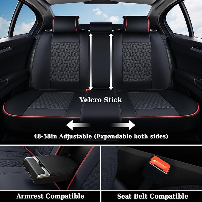 Coverado Car Seat Covers Full Set, Nappa Leather Seat Covers for Car, Waterproof Car Seat Protector with Lumbar Support, Automotive Seat Covers Universal Fit for Most Cars SUV Trucks (Black-Red line)