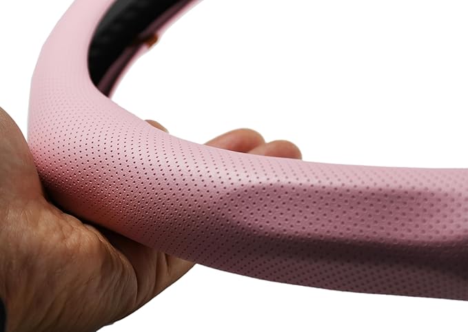Quick Install Sporty Perforated Pink Nappa Leather Steering Wheel Cover with Black Stripe Universal fit 14½" to 15" Car SUV Pickup 14.5 to 15 inches Napa