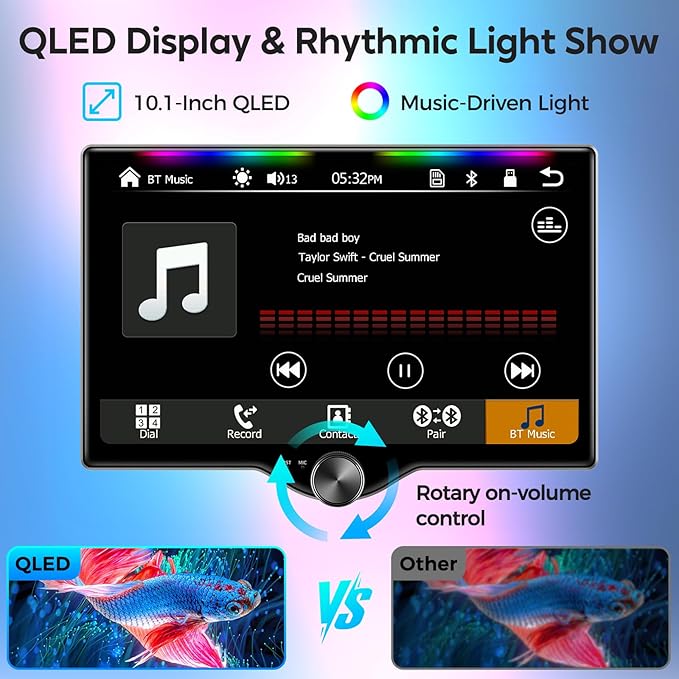10.1" QLED Double Din Car Stereo with Wireless Carplay & Android Auto, Music Sync Luminous Bar, SWC, Bluetooth, Backup Camera, 240W, Dual Subwoofer Output, Car Radio, Navigation, FM/AM