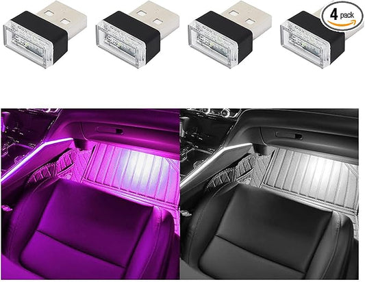Augeny 4 PCS USB LED Car Interior Atmosphere Lamp, Plug-in USB Decor Night Light, Portable Auto Ambient Lighting Kit, Universal Vehicle Interior Accessories for Most Cars (White & Purple)