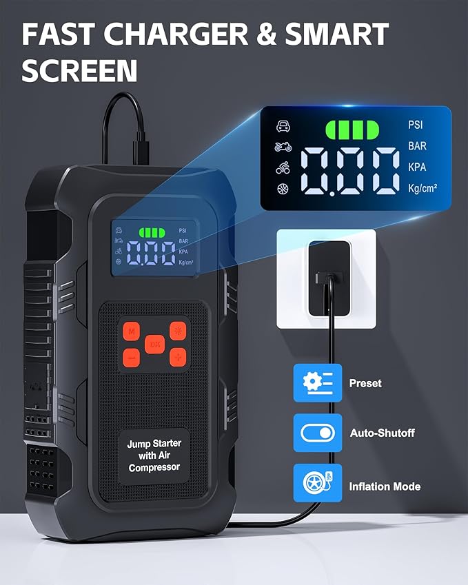 5000A Jump Starter with Air Compressor, Portable Car Battery Jump Starter with 150 PSI Tire Inflator for Up to 10.0L Gas and 8.0L Diesel Engines, 12V Jump Box Battery Charger Booster(Orange)