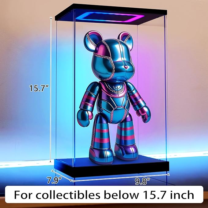 Clear Acrylic Display Case with Light for bearbrick, Multiple Color Lights Dustproof Protection Display Box for Collectibles Action Figures（9.8×8×15.7inch）