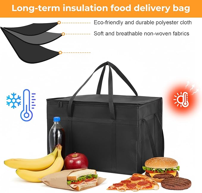 2-Pack 23" W x 15" H x 14" D Insulated Food Delivery Bag XXXL Large Capacity Thermal Cooler Bags for Grocery Shopping, Catering, Pizza Delivery, Rideshare, Travel, and Car Use