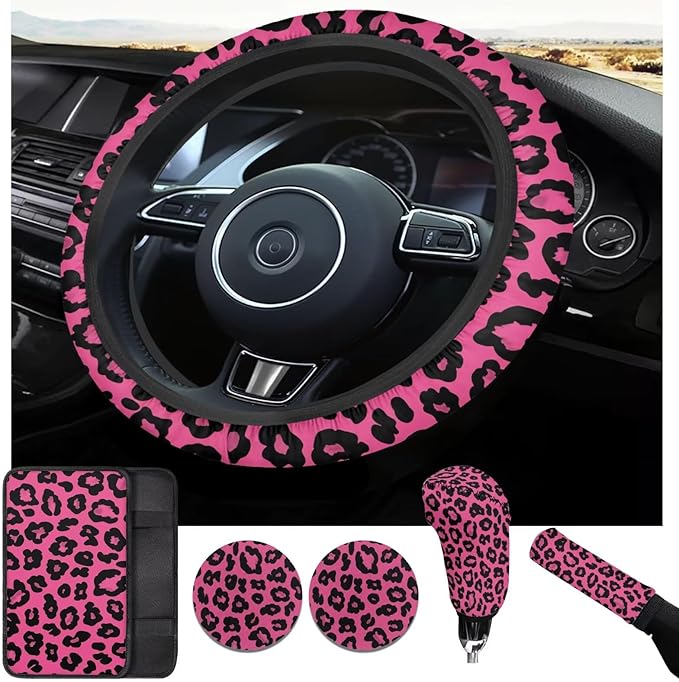 Pink Leopard Print Steering Wheel Covers Set for Women Car Interior Decor Cup Coaster Handbrake Cover Suit for Most Cars Truck Vans SUV-6 Pcs