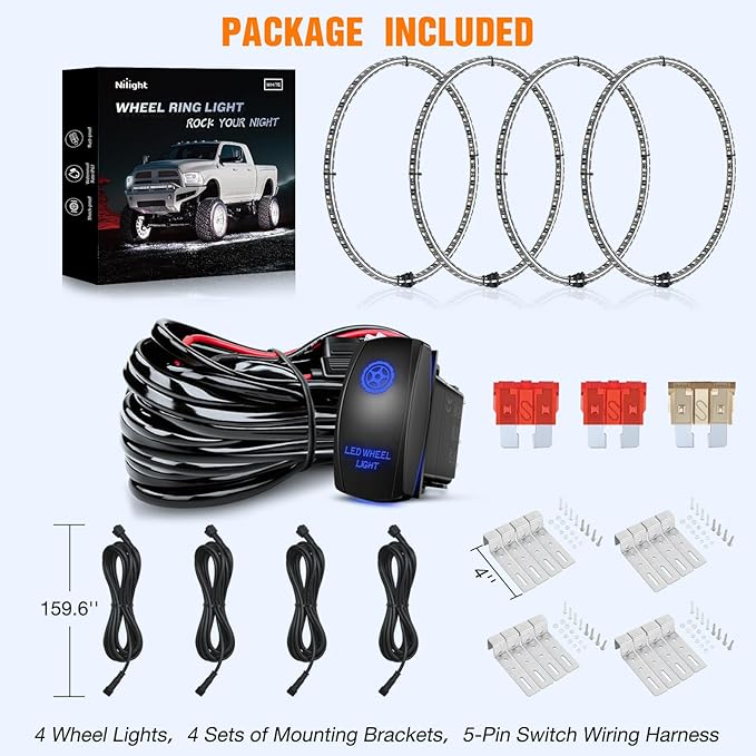 Nilight 4PCS 17inch Double Row LED Wheel Ring Lights Pure White with Wiring Harness Kit Rocker Switch Control Dual Row for Car Van SUV Truck