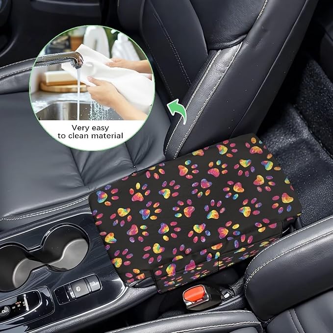 Dreaweet Tie Dye Dog Paw Arm Rest Cover for Car Women Thick Center Console Cover with Pockets Soft Comfortable Car Armrest Cushion Universal Console Covers for SUV Trucks Sedan