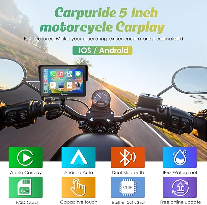 Carpuride W502 Motorcycle GPS Wireless Portable Carplay/Android Auto Waterproof Car Stereo, 5" IPS Touch Screen with Dual Bluetooth, Navigation/Siri/G00gle Assistant for Motorbike