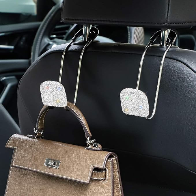 SAVORI Car Headrest Hooks Bling Car Accessories Rhinestones Universal Auto Back Seat Headrest Metal Hanger Organizer Vehicle Holder for Bag Purse Clothes Grocery 2PCS (White)