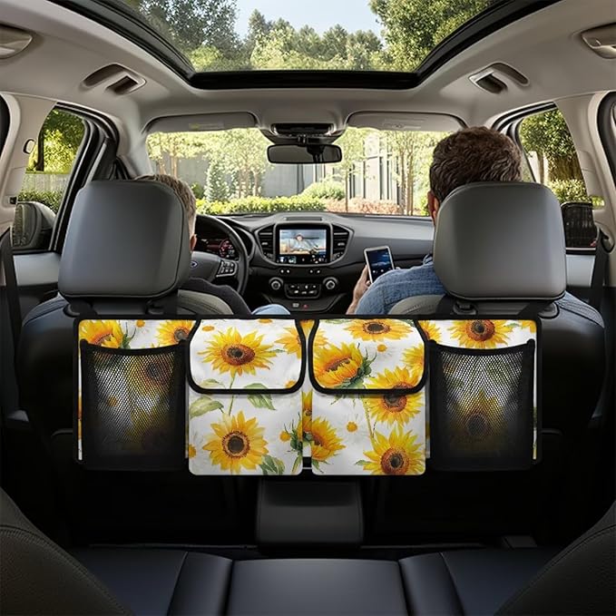 Sunflower Hanging Trunk Organizer for SUV Back Seat Organizer with Elastic Net Collapsible Cargo Storage Bag Car Interior Accessories