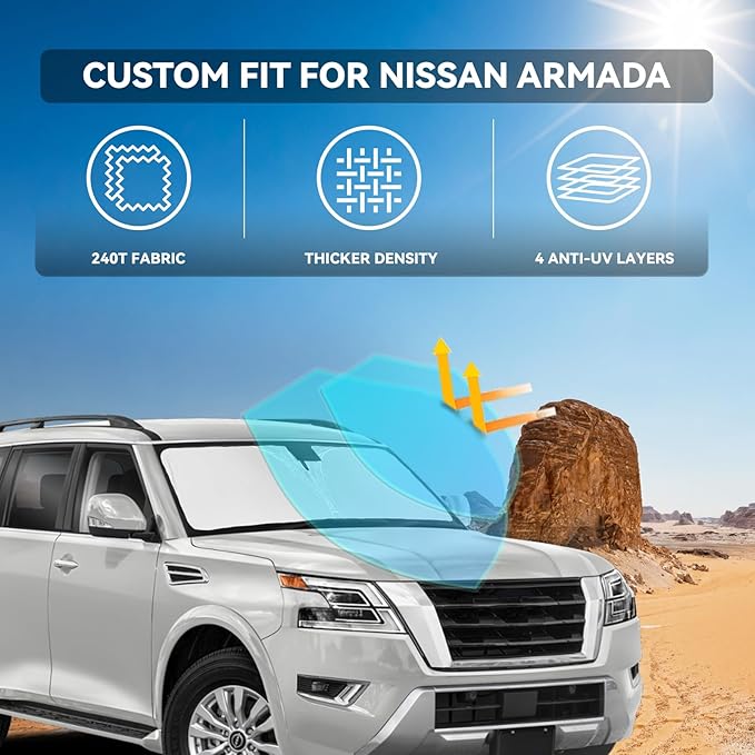 for Nissan Armada 2017-2025 2026 Windshield Sun Shade - 4 Layers Car Sunshades for Front Windows Shade Cover Custom for Armada Sun Visor 250T Retractable Shade Blocks UV Rays Car Accessories