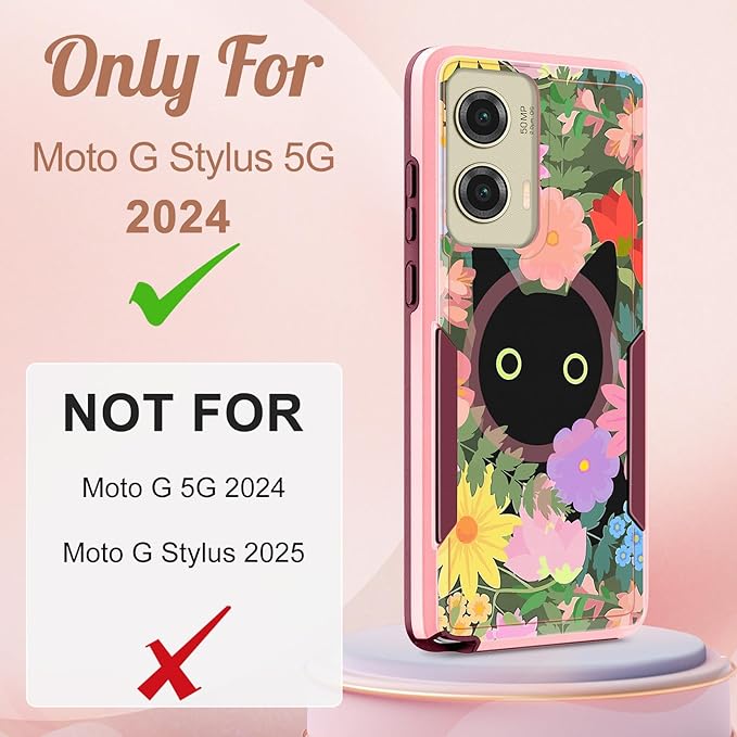 for Moto G Stylus 5G 2024 Case - Compatible with MagSafe Women Girls Cute Magnetic Phone Cover Girly Cat Flower Floral Heavy Duty Shockproof Design for Motorola Moto G Stylus 5G 2024 Cases