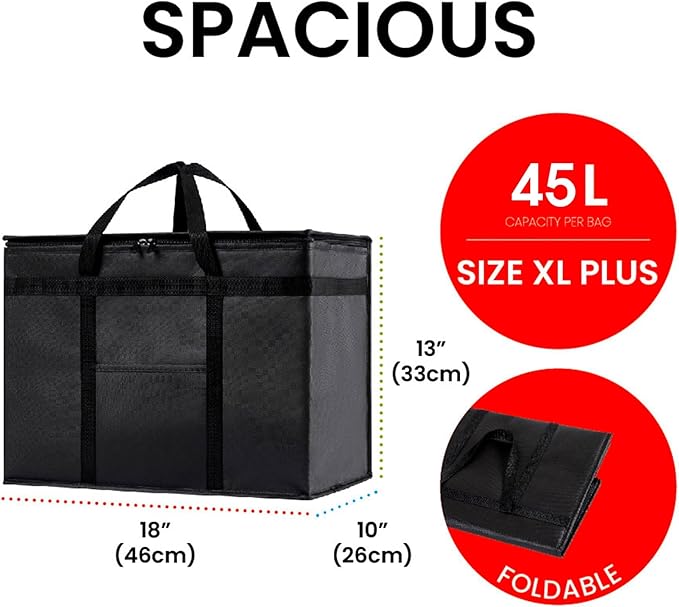 NZ home Insulated Bags for Food Delivery (XL Plus) Grocery Shopping Cooler Bag, Pizza Delivery, Hot & Cold Catering Tote, Reusable, Foldable & Heavy Duty (10 Pack, Black)