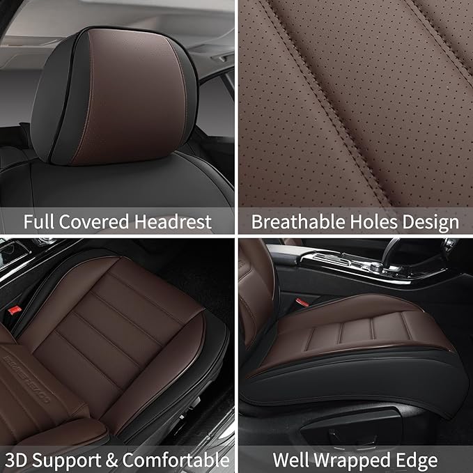Front Car Seat Covers, 2Pcs Universal Leather Car Seat Covers, Full Coverage Waterproof Automotive Seat Covers, Breathable Car Seat Protector for Most Trucks SUVs Sedans, Black&Brown