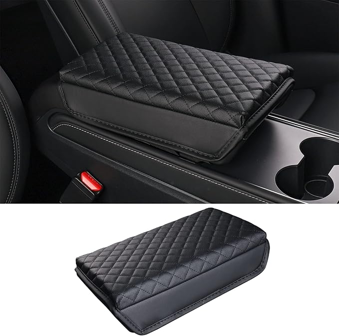 Carwiner Center Console Cover for 2021-2026 Tesla Model 3 Model Y, PU Leather Armrest Box Cushion Protector Accessories