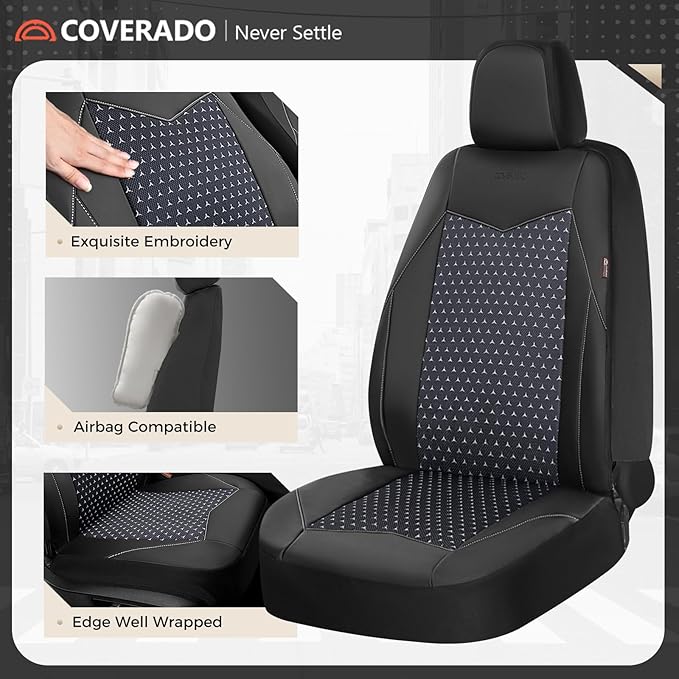 Coverado Front Seat Covers, Breathable Mesh & Leather Car Seat Protectors, Black Driver Seat Cover, Car Seat Cushions, Universal Automotive Seat Covers Fit for Most Sedans SUV Truck, Black