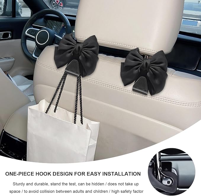 2 PCS Car Back Seat Headrest Hooks, Cute Bow Vehicle Backseat Storage Headrest Hanger, Car Organizer Hooks for Handbag Clothes Grocery Bags, Car Interior Accessories