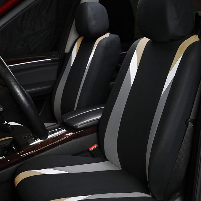 FH Group Car Seat Covers Premium Modernistic Flat Cloth Car Seat Covers Front Seats Only Beige Black, Airbag Compatible Universal Fit Interior Accessories Cars Trucks SUV Car Accessories Protector