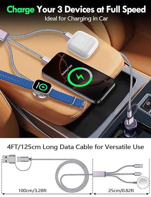 1Pack Multi Charging Cable Cord for Travel Essentials,Apple Watch Charger,iPhone Charger,[3-in-2] Type C/L Cable Portable Designed for iWatch,iPhone 17-8,Galaxy S25-21,AirPods,iPad-4FT Gray