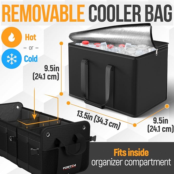 FORTEM Trunk Organizer with Cooler For SUV Car Organizer and Storage, Collapsible Multi-Compartment, Perfect Christmas Gifts For Men, Women, 1680D Oxford, Non Slip Bottom, Straps, Soft Cover 110L