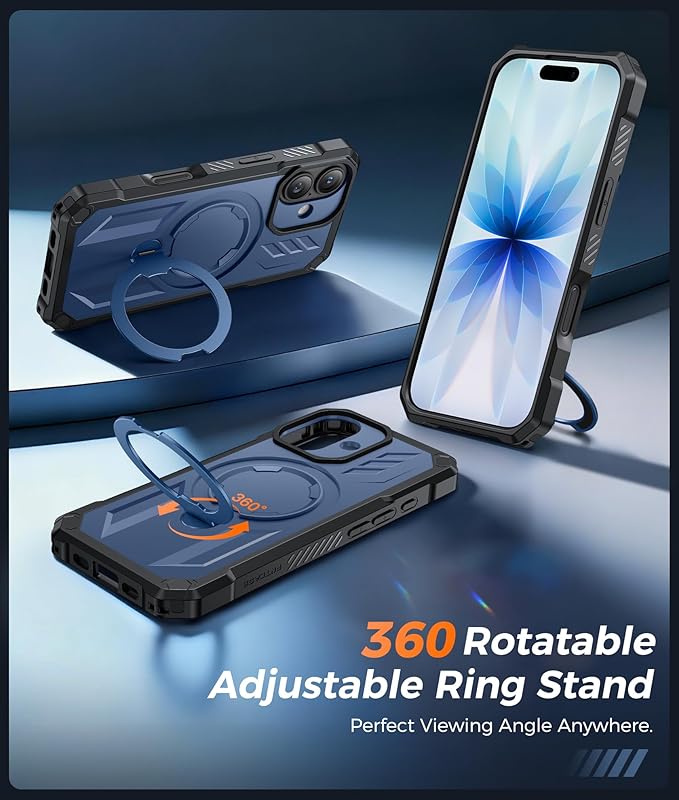 FNTCASE for iPhone 17 Phone Case: [360 Spin Magnetic Ring Kickstand] [Compatible for MagSafe] [Screen Protector] Heavy Duty Military Grade Protection Protective Phone Case with Stand Blue