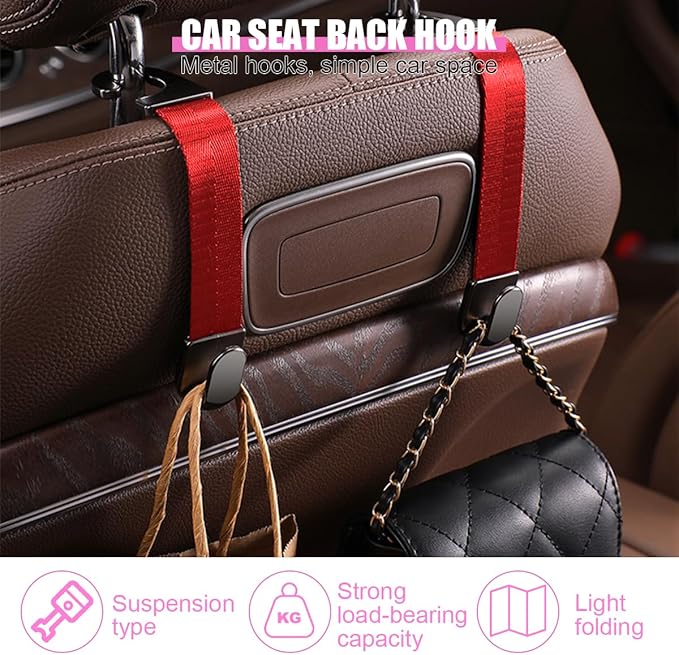 Car Headrest Hooks, 2PCS Vehicle Back Seat Storage Organizer Hanging Holder for Purse Bags Grocery, Adjustable Automotive Interior Hanger Accessories, Universal Fit (Red)
