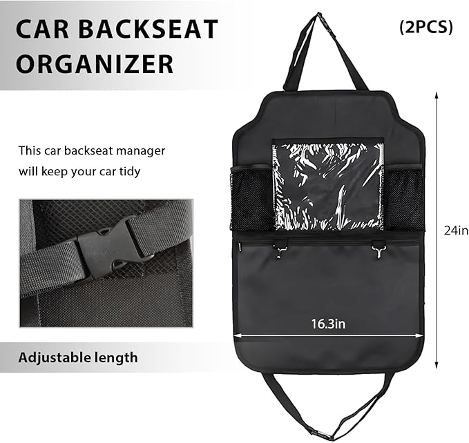 2PCS Car Backseat Organizer, Multi-Pocket Back Seat Protector with 10.2" Tablet Holder, Waterproof Oxford Fabric Storage Bag Auto Kick Mat for Kids Toddlers (C with Large Pocket)