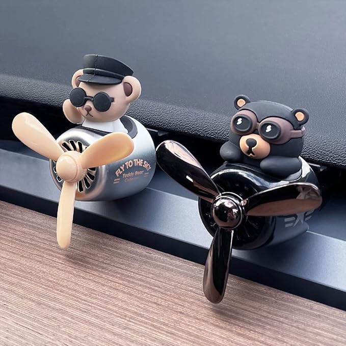 2 Pieces Car Air Fresheners, Cute Bear Pilot Car Diffuser, Propeller Air Outlet Vent Fresheners, Suitable for Automotive Interior Decoration (Bear (A+B))