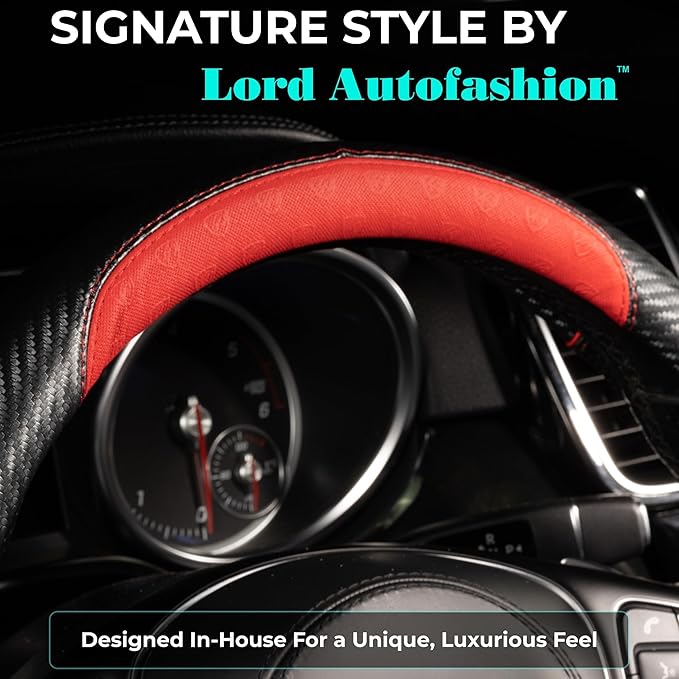 Lord Autofashion Steering Wheel Cover – PU Leather, Non-Slip Rubber Inner, All-Season Comfort – 14.5–15 Inch (Black/Red 7685)