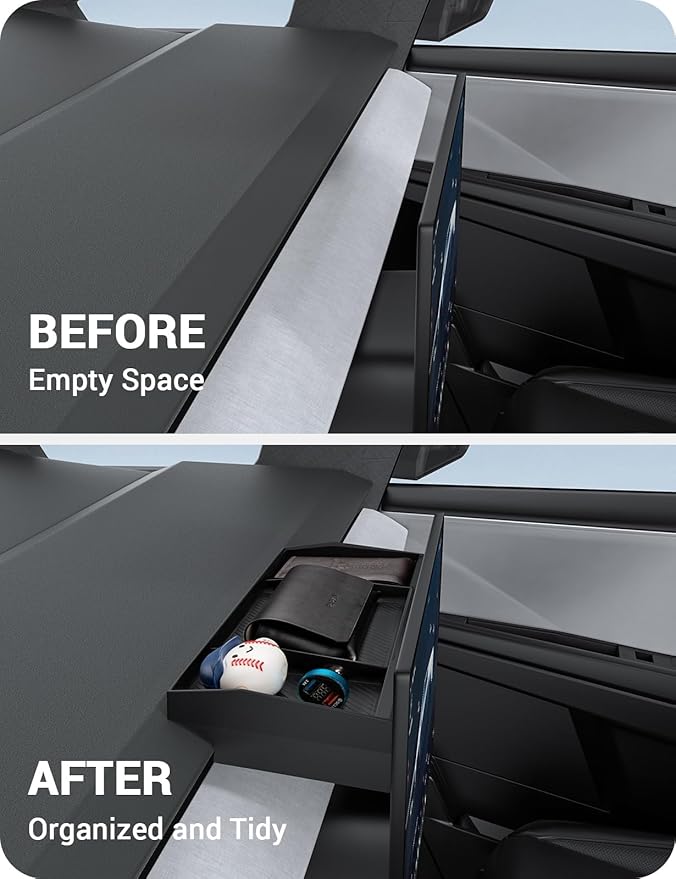 BASENOR Behind Screen Storage for Tesla Cybertruck Accessories 2024-2026, (Proprietary Design) Custom-Fit Center Console Sunglasses Holder & Hidden Dashboard Storage Tray