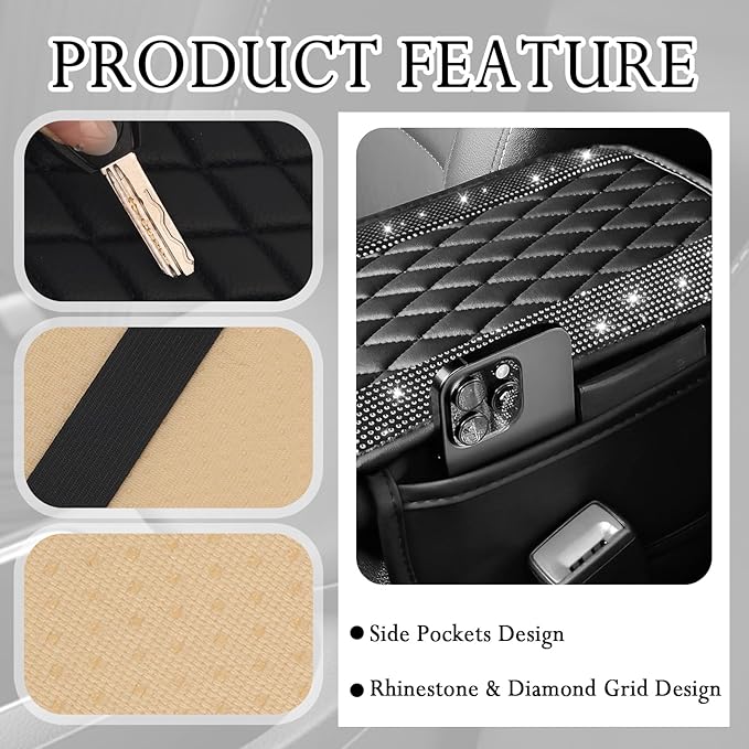 Car Center Console Cover with Diamond Grid Design,Bling Armrest Cover Cushion with 2 Storage Bags,Soft Leather Arm Rest Cover for Car Interior Accessories (Black + White)