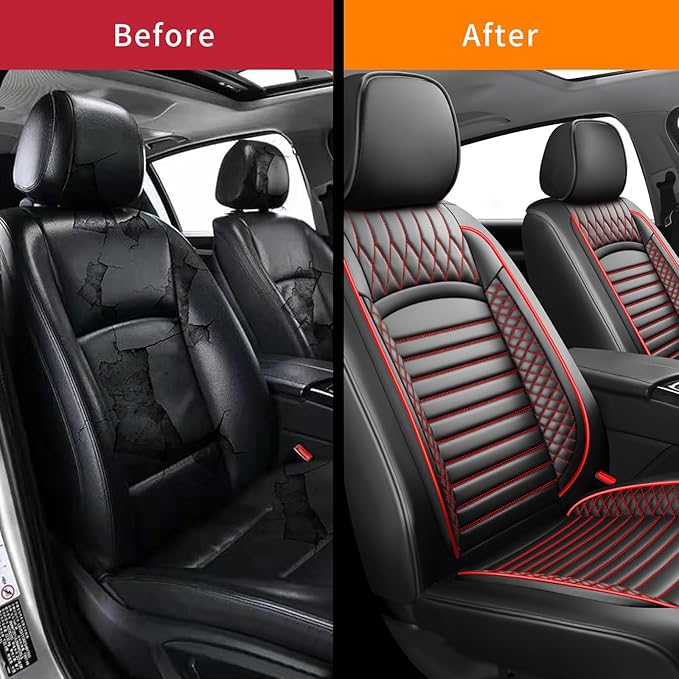 Fit Forester Car Seat Covers for Subaru Forester 2007-2025 2026 - Upgraded Premium Waterproof & Breathable Leather, Airbag Compatible, All-Weather Seat Cushion Protector (2 Front/Black+Red)