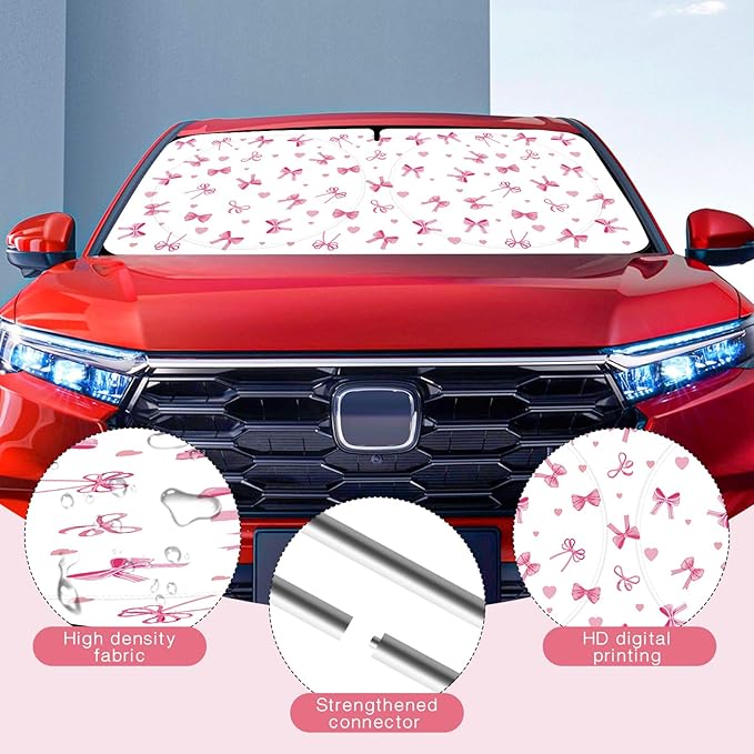Car Windshield Sun Shade, Cute Bow Sun Visor - Wear-Resistant Black Tape, Foldable 59'x27.5'/63''x31.5''