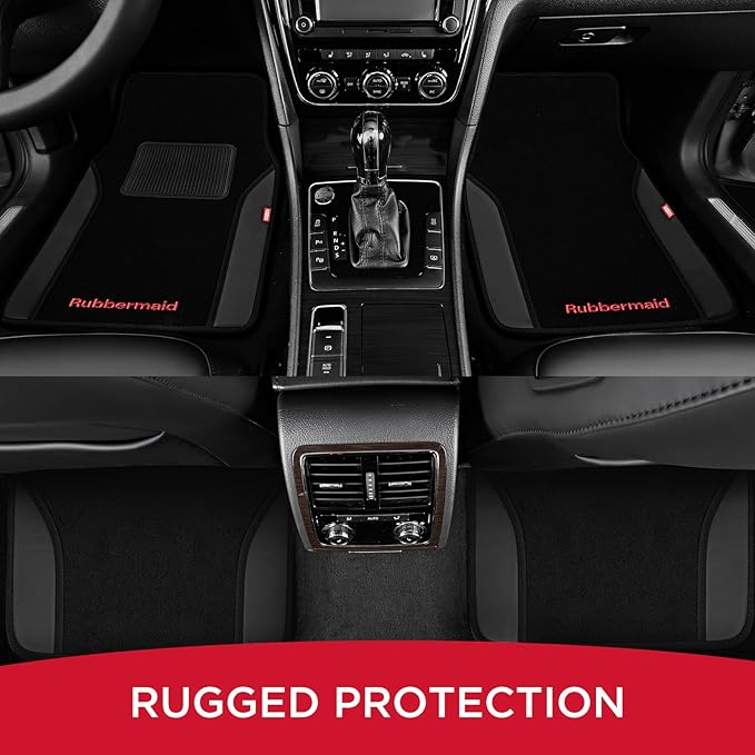Rubbermaid Car Mats, Carpeted Floor Car Mat with Faux Leather & Built-in Heel Pad, Two-Tone Car Rug Floor Mats, Stylish Carpeted Floor Mats for Cars, Trucks & SUVs Black Color
