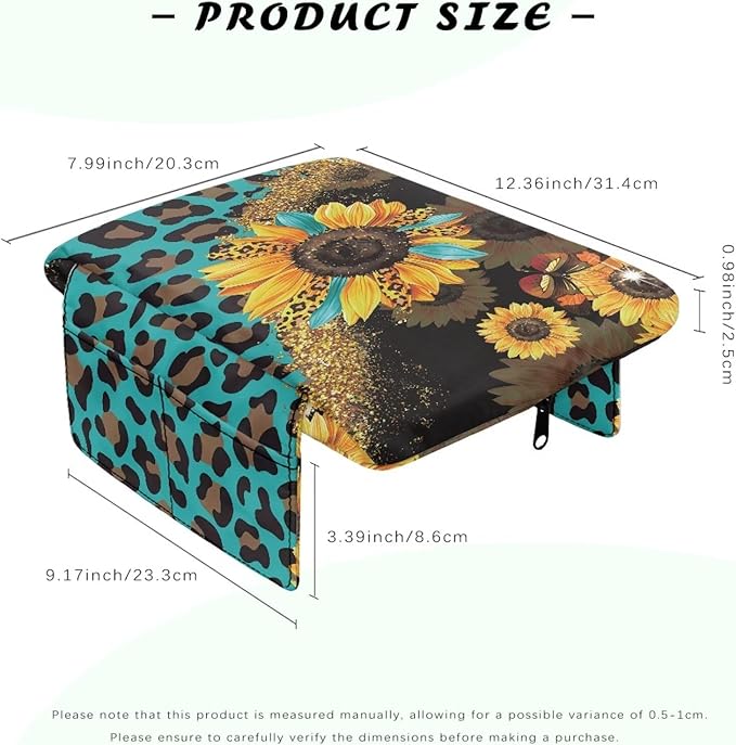 Wanyint Sunflower Leopard Print Blue Car Center Console Cover Comfortable Armrest Seat Box Pad with Organizer Pockets Anti-Scratch Arm Rest Pad Suitable for Most Cars, Vehicles, SUVs