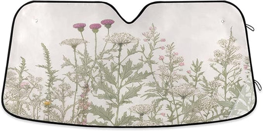 xigua Vintage Colorful Herbs Wild Flowers Floral Car Windshield Sunshade Foldable Front Window Sun Visor Protector for Car,SUV,Truck - Keep Vehicle Cool,55 x 27.6 Inch
