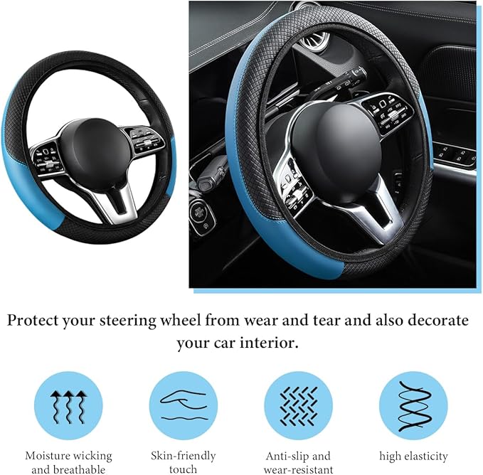 Car Steering Wheel Cover, 15 Inch Anti-Slip Stretch Leather Steering Wheel Protector, Comfortable Breathable Sporty Steering Wheel Cover for Women Men, Car Accessories (Black & Blue, AD)