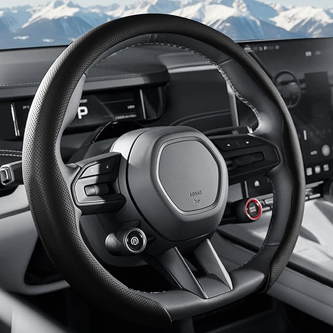 Nappa Leather Steering Wheel Cover, Universal 15 Inch Snap On Car Steering Wheel Cover for Men/Women, Comfortable & Breathable Microfiber Car Accessories Interior (Black)