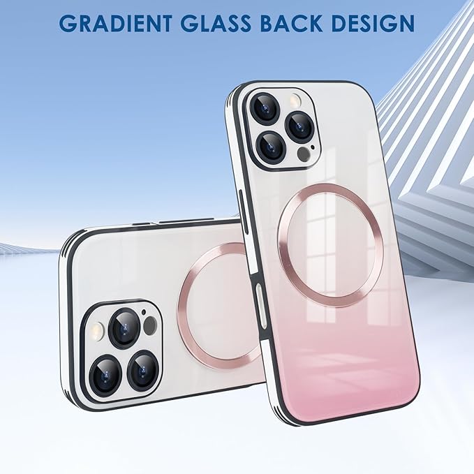 Guppy Compatible with iPhone 16 Pro Case Magnetic, with Full Camera Lens Protector [Compatible with MagSafe] Scratch Resistant Gradient Glass Back Cover Phone Case-Pink