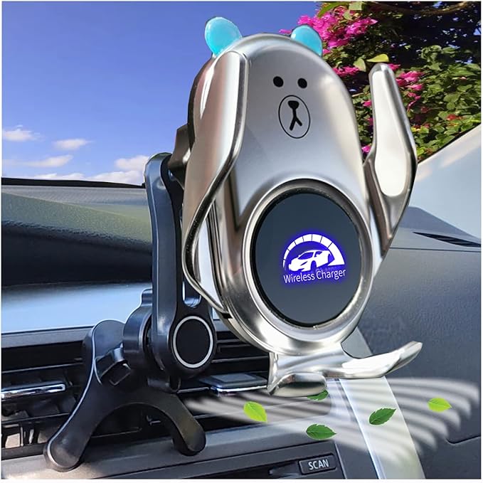 Phone Mount for Car Wireless Charger Auto Clamping with Rotatable Vent Clip Cute Bear for iPhone Samsung Andriod Phone