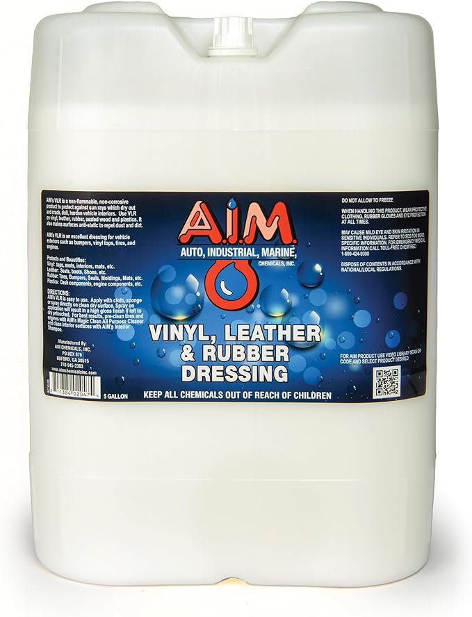 AIM Chemicals Vinyl Leather Rubber Multi-Purpose Dressing -Effective UV Protection -Leather Cleaner & Conditioner -Suitable for Interiors, Exteriors, Engines -Anti-Static -Water-Based for Cars, 5 Gal