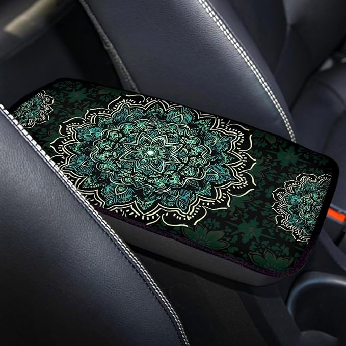 Dreaweet Turquoise Lotus Mandala Arm Rest Cover for Car Women Bohemian Car Accessories Soft Scratch-Proof Center Console Pad Universal Armrest Cover for SUV Truck Sedan