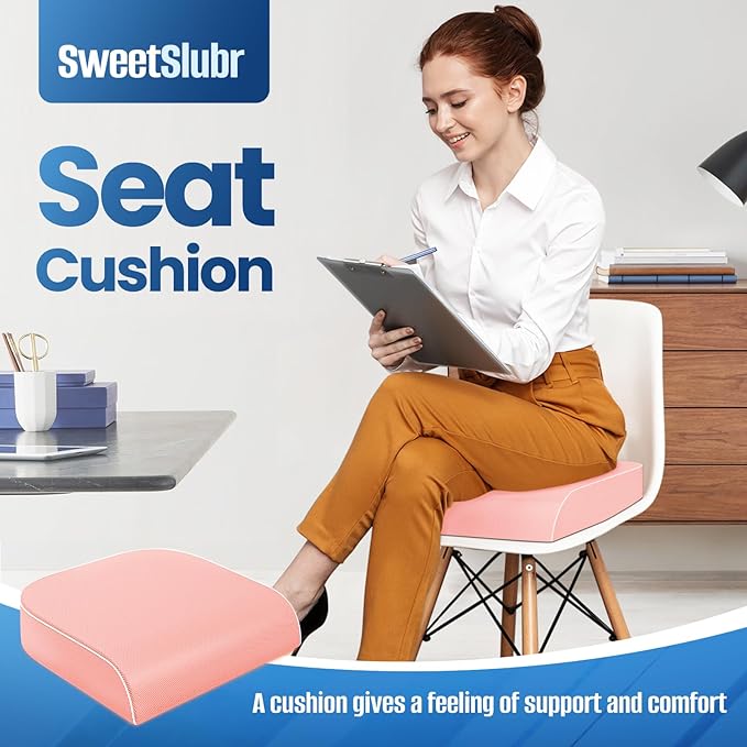 Seat Cushion for Tailbone Pain Relief, Office Chair Cushion, Memory Foam Large Chair Cushion with Non-Slip Cover for Soft Support at Office Chair, Car Seat, Airplane Pink/Large