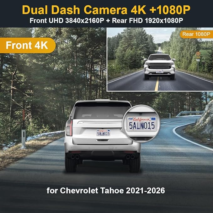 Fitcamx Front 4K+Rear 1080P Dash Cam Adapts for Chevy Tahoe 2021-2026 (HD2-6272, 3 Vents) LS LT RST Premier High Country, OEM Style, 2 Way HD Video, WiFi & APP, Loop Recording, G-Sensor, 128GB Card