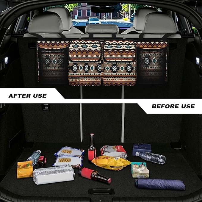 Aztec Car Trunk Organizer, Backseat Hanging Large Storage with Adjustable Straps & 4 Pockets, Waterproof Collapsible Cargo Bag Universal Car Interior Accessories