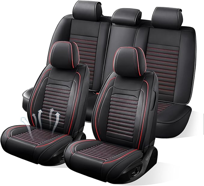 Car Seat Covers Full Set Fit for Toyota Prius 2001-2026, Premium Faux Leather Car Seat Protector,Breathable Anti-Slip Full Wrapping Edge Seat Covers(Black&Red,Full Set)